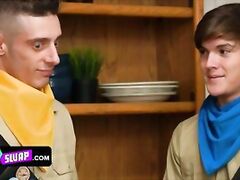 mom swap - athletic boys in scout uniforms swap their busty stepmoms and pound them on the couch